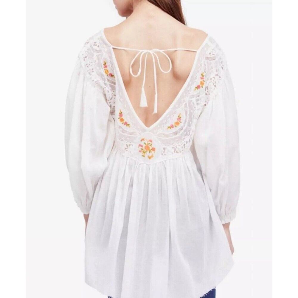 Free People Secret Garden Cotton Embroidered Lace Top Ivory Flowy Open Back XS - Picture 3 of 11